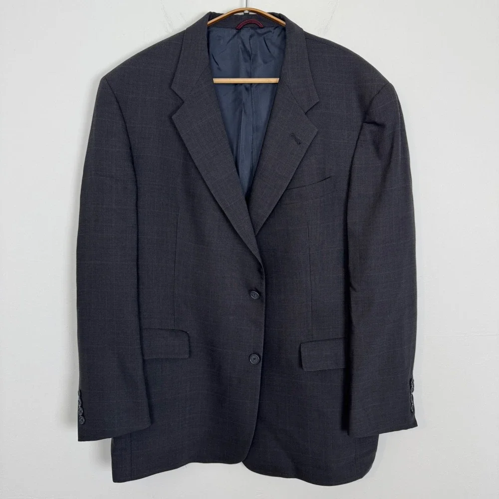 Hart Schaffner Marx Mens 44R Blazer Charcoal Grey Glen‎ Plaid Wool Suit Jacket